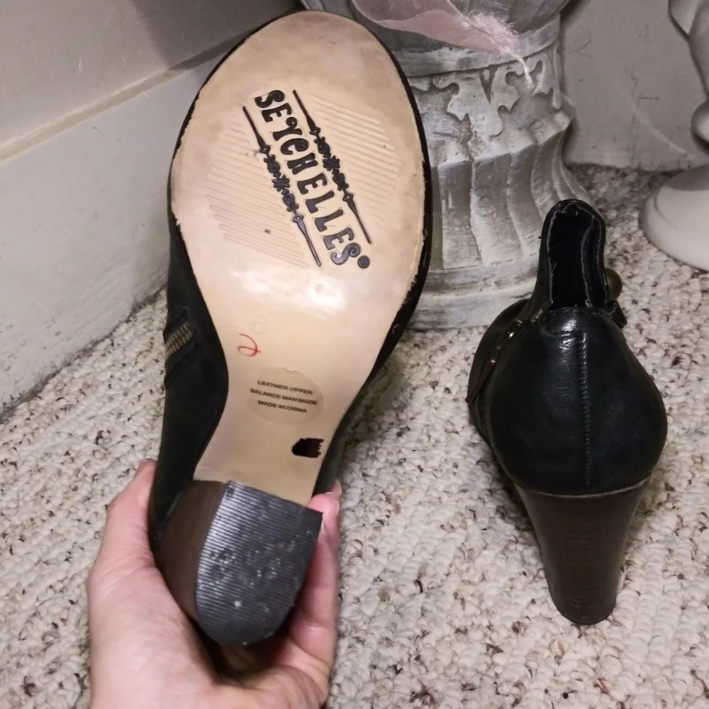 Anthro Seychelles Black Leather High Heel Booties with Button Detail
